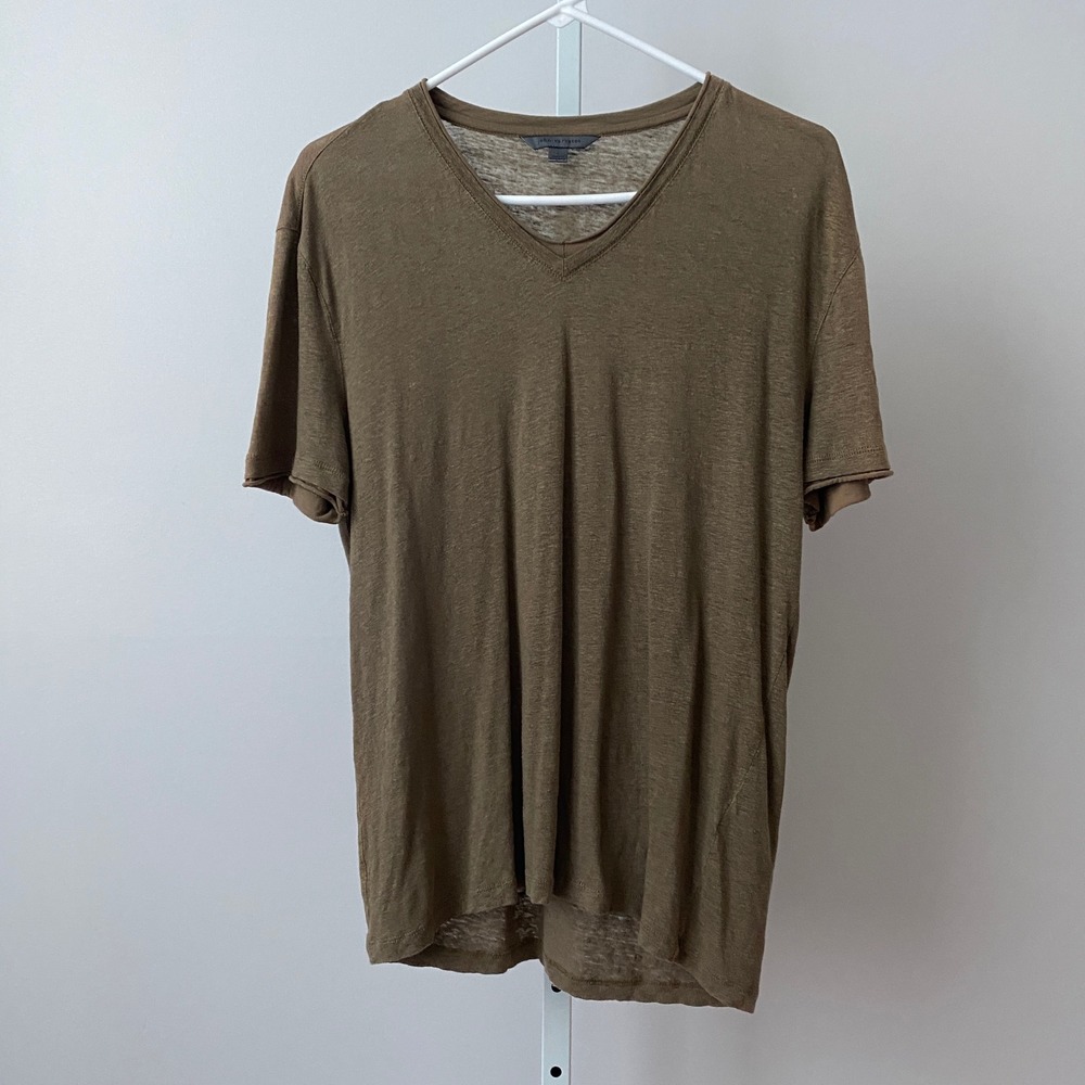 John Varvatos 100% Linen Earth Colors Relaxed Slouchy Coastal V-Neck Tee L Brown